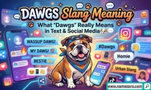 Cartoon bulldog wearing sunglasses and a bandana surrounded by social media icons and Dawgs slang chat bubbles.