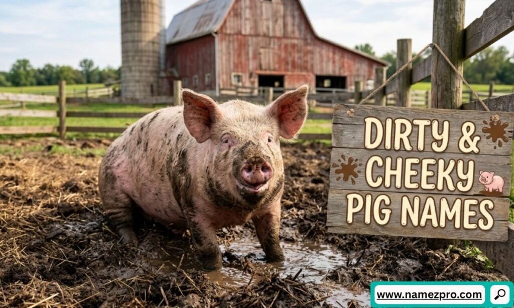 A large, muddy pig standing in a mud puddle on a farm next to a rustic wooden sign reading Dirty and Cheeky Pig Names.