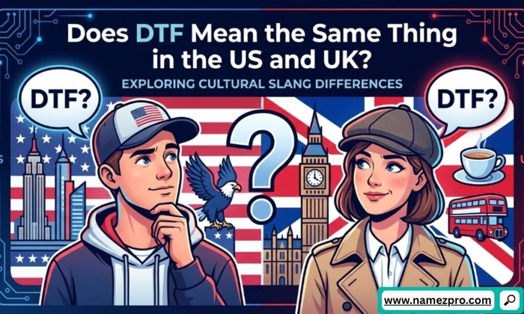 A split-screen illustration showing a man in an American flag cap thinking next to US landmarks and a woman in a trench coat next to UK landmarks, with a text overlay asking if DTF means the same thing in the US and UK.