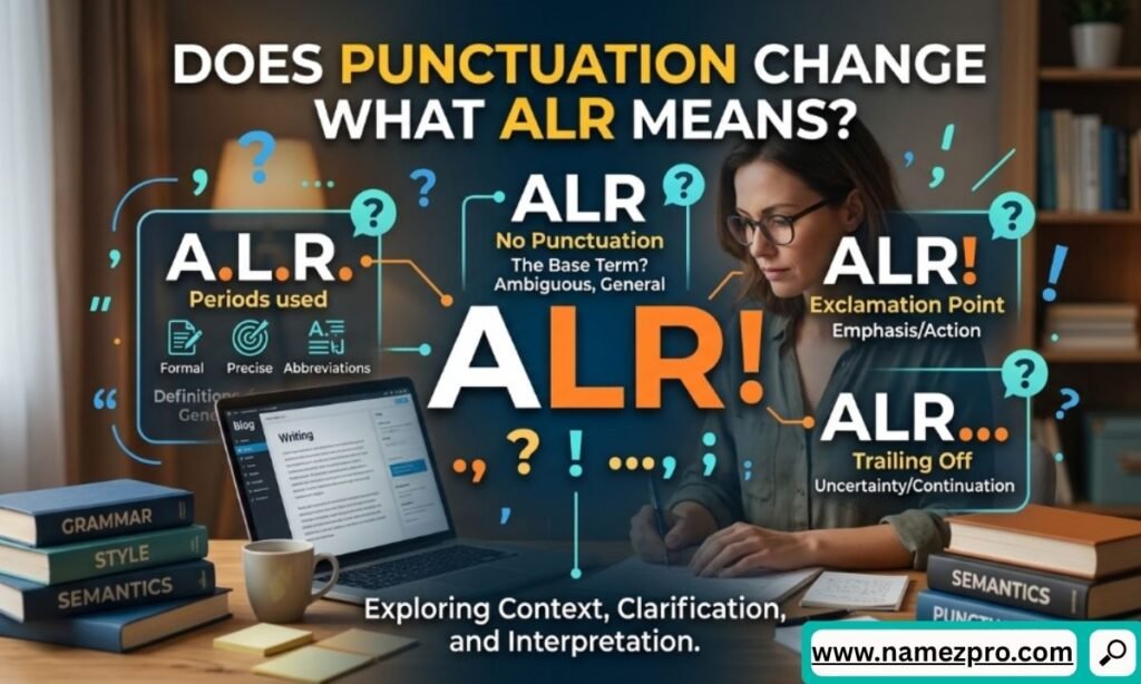 Woman working at a desk surrounded by typography diagrams showing how punctuation changes the meaning of ALR.