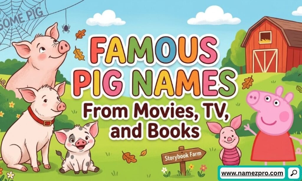 Cartoon illustrations of famous pigs like Peppa, Piglet, Wilbur, and Babe on a grassy field near a red barn.