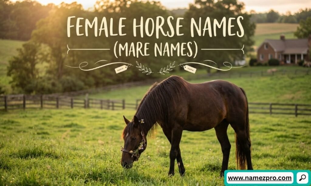A dark brown mare with flowers in her halter grazing in a green pasture with a farmhouse in the background.