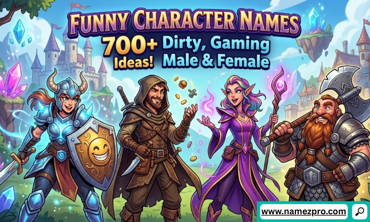 Four fantasy game characters standing together in a magical landscape with crystals and a floating castle background.