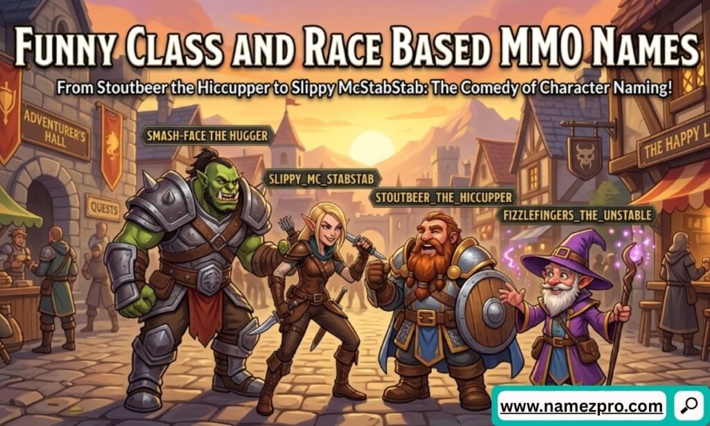An orc, elf rogue, dwarf, and gnome wizard standing on a cobblestone village street with funny floating MMO character name tags.