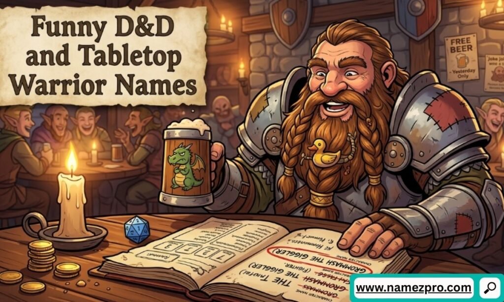 Laughing cartoon dwarf warrior in a tavern holding a stein and reviewing a DND character sheet at a wooden table.