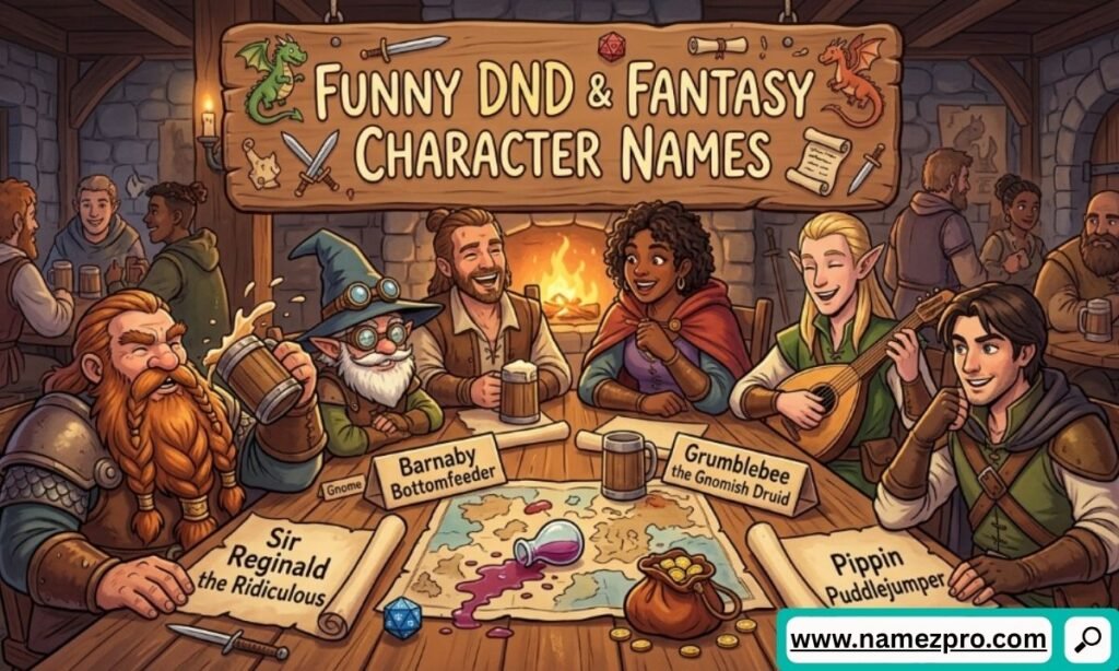 D&D party laughing around a tavern table with a fantasy map, showcasing funny names on scrolls.