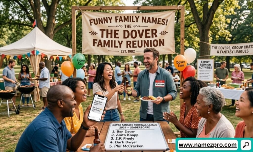 Laughing family members at an outdoor park reunion under a banner reading The Dover Family Reunion.