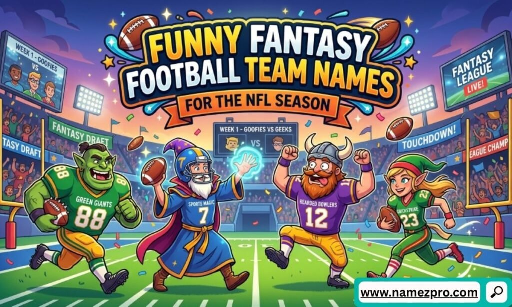 Cartoon fantasy creatures like an orc and wizard playing football under a Funny Fantasy Football Team Names banner.