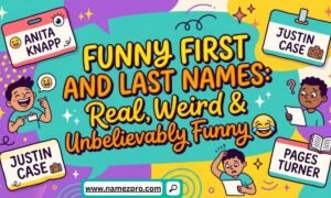 Colorful cartoon graphic featuring funny pun name tags like Anita Knapp, Justin Case, and Pages Turner.