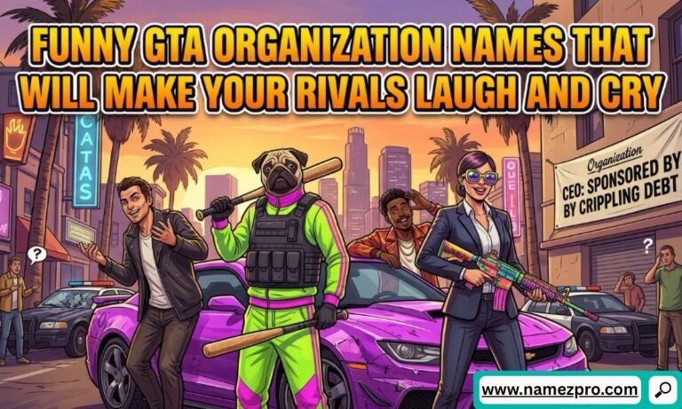 GTA-style cartoon characters standing next to a purple sports car with a pug-headed criminal and police cars.
