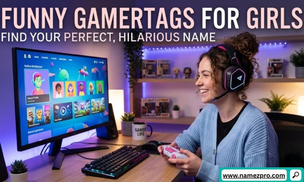 A smiling female gamer wearing a headset holding a controller in front of a setup with a monitor displaying a game menu, under a text overlay that reads Funny Gamertags for Girls Find Your Perfect Hilarious Name.