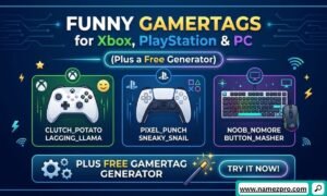 A dark blue gaming graphic displaying an Xbox controller, PlayStation controller, and PC keyboard with mouse, showcasing sample funny gamertags like Clutch Potato and Button Masher with a text overlay for Funny Gamertags for Xbox, PlayStation, and PC.
