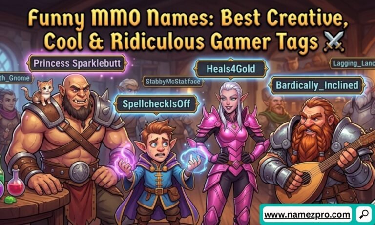 Group of fantasy game characters in a tavern with floating gamer tags like Princess Sparklebutt and Heals4Gold.