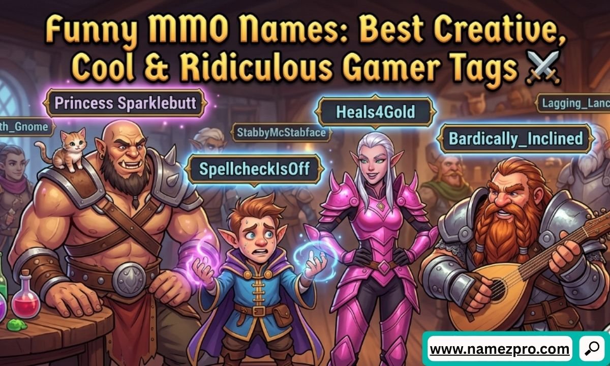 Group of fantasy game characters in a tavern with floating gamer tags like Princess Sparklebutt and Heals4Gold.