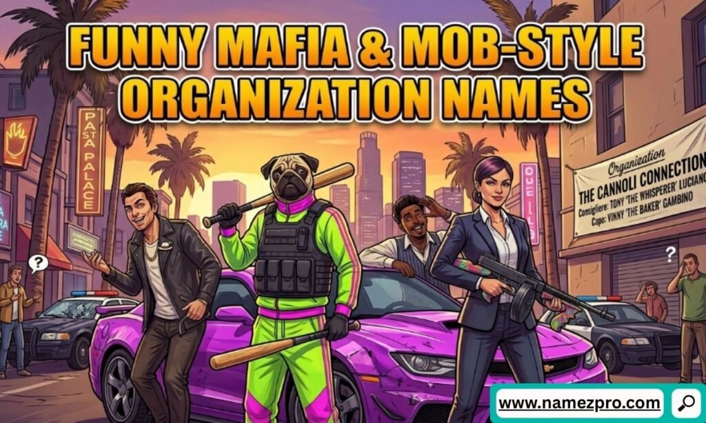 GTA-style cartoon mobsters standing by a purple car under a Funny Mafia and Mob-Style Organization Names sign.