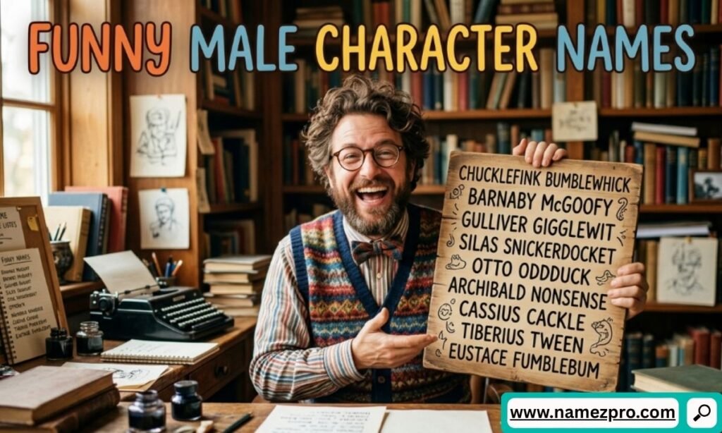 Laughing man with glasses in a library holding a wooden sign filled with funny male character names.