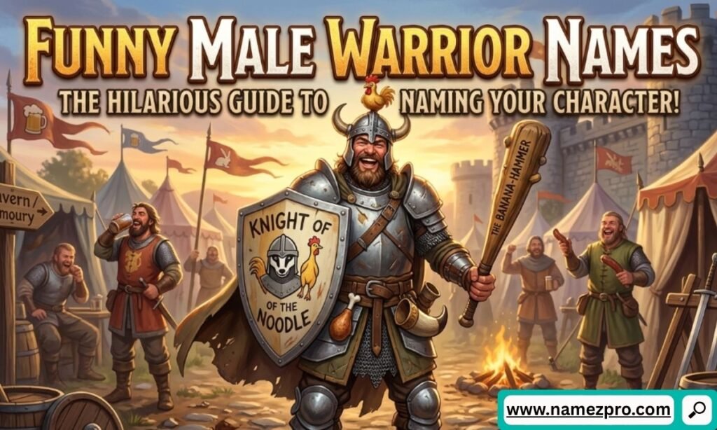 Laughing viking warrior holding a club labeled The Banana-Hammer and a shield reading Knight of the Noodle in a camp.
