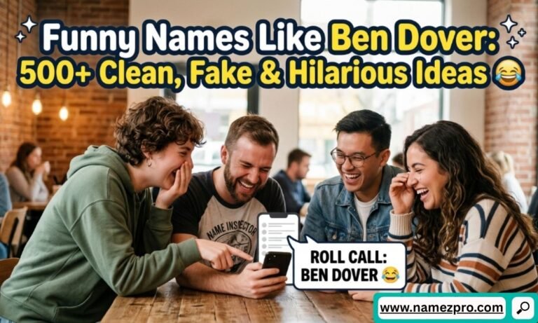Four friends laughing together at a wooden cafe table while looking at a funny name on a smartphone screen.