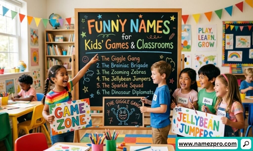 Laughing schoolchildren in a colorful classroom pointing at a blackboard listing funny group names like The Giggle Gang.