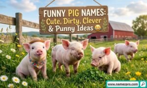 Four cute little piglets playing in a green farm pasture with flowers next to a wooden sign and red barn.