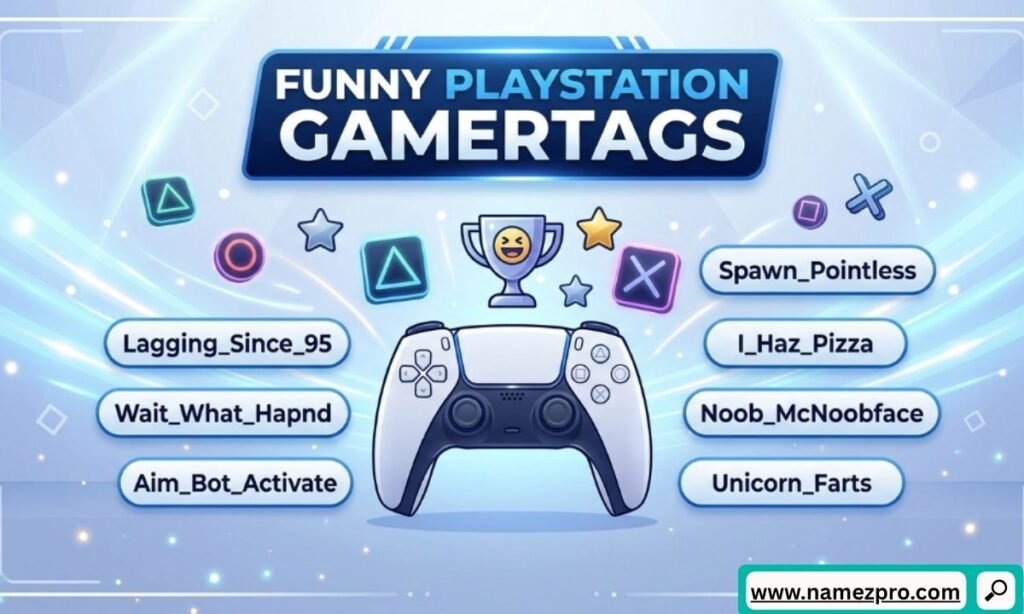 A Playstation DualSense controller centered on a blue background surrounded by Playstation button symbols, a trophy, and speech bubbles displaying funny gamertags like Lagging Since 95 and Noob McNoobface.