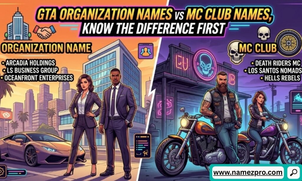 Split infographic comparing sharp-dressed GTA corporate CEOs next to a sports car with rugged bikers outside a clubhouse.