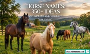 Several beautiful horses with different coat colors standing and running in a green farm pasture at sunset.