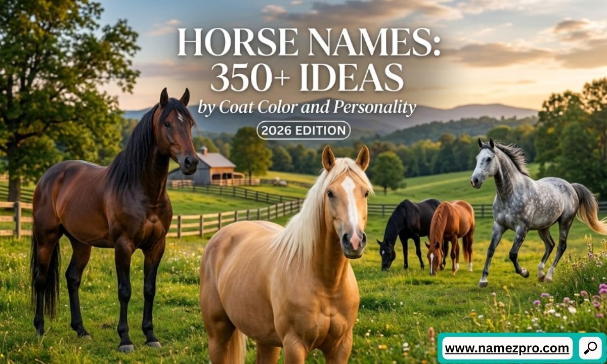 Several beautiful horses with different coat colors standing and running in a green farm pasture at sunset.