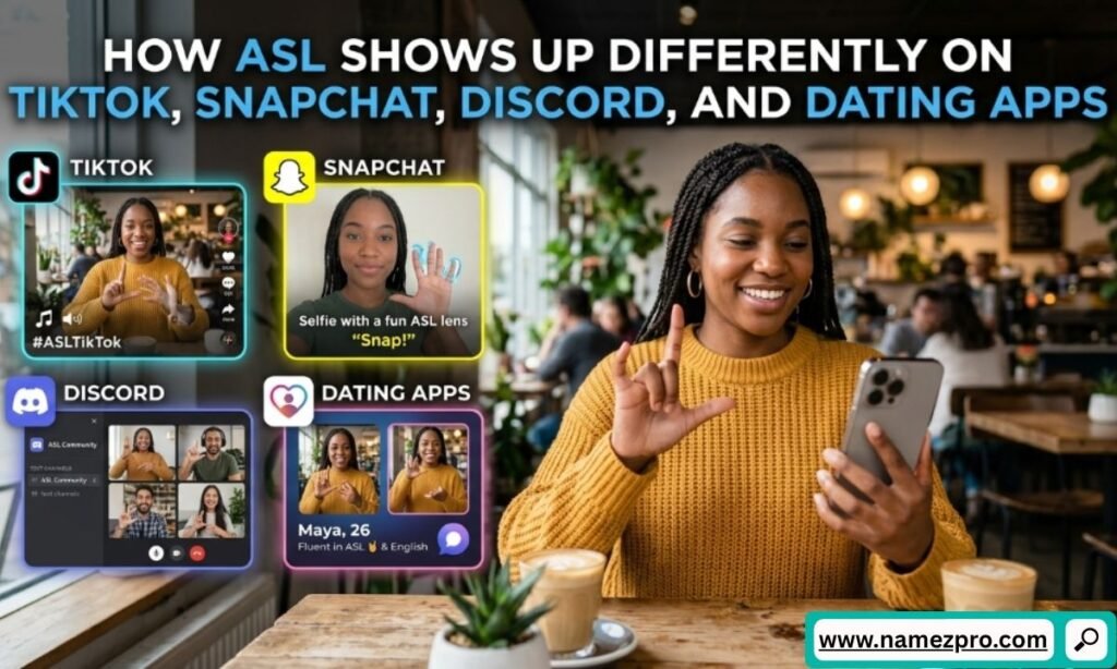 A woman using sign language while looking at her phone, with an infographic showing ASL features on TikTok, Snapchat, Discord, and dating apps.