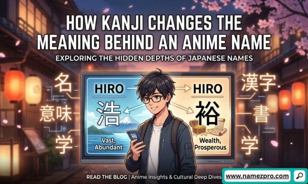 An anime boy with glasses holding a phone in front of a screen displaying two different Kanji characters for the name Hiro, one meaning vast and abundant and the other meaning wealth and prosperous, set against a traditional Japanese street background.