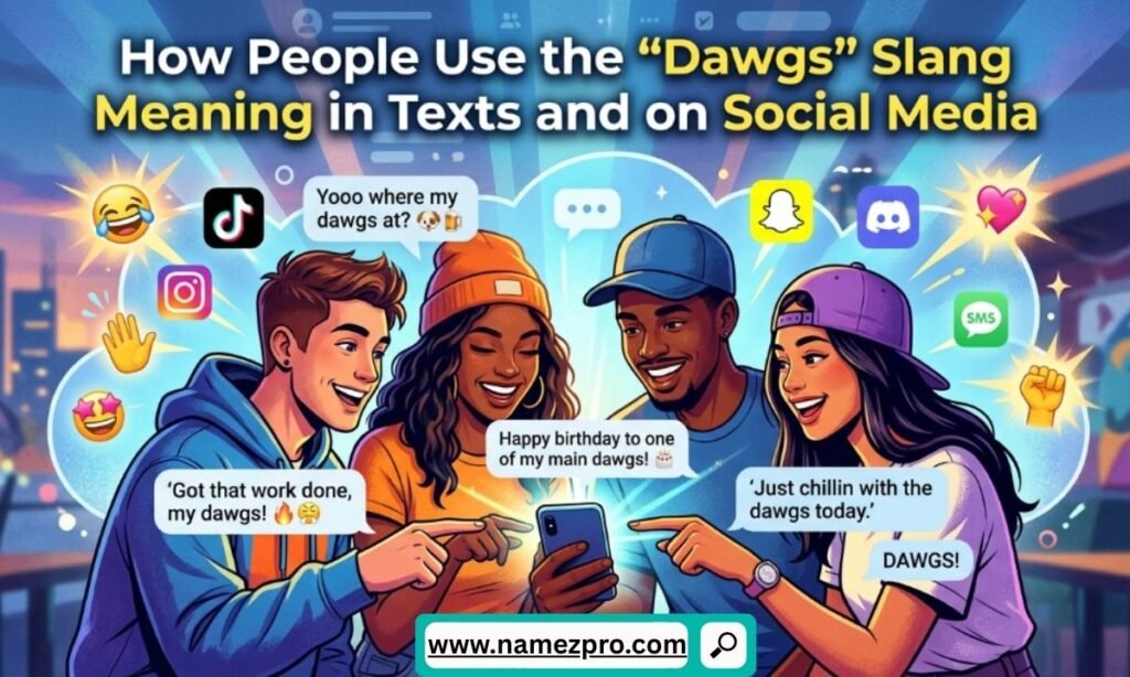 A group of four cartoon friends smiling and looking at a smartphone screen with Dawgs slang chat bubbles.