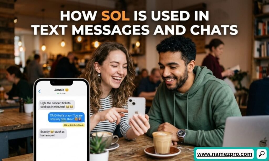 A smiling man and woman looking at a phone in a cafe next to a text overlay showing how SOL is used in text messages.