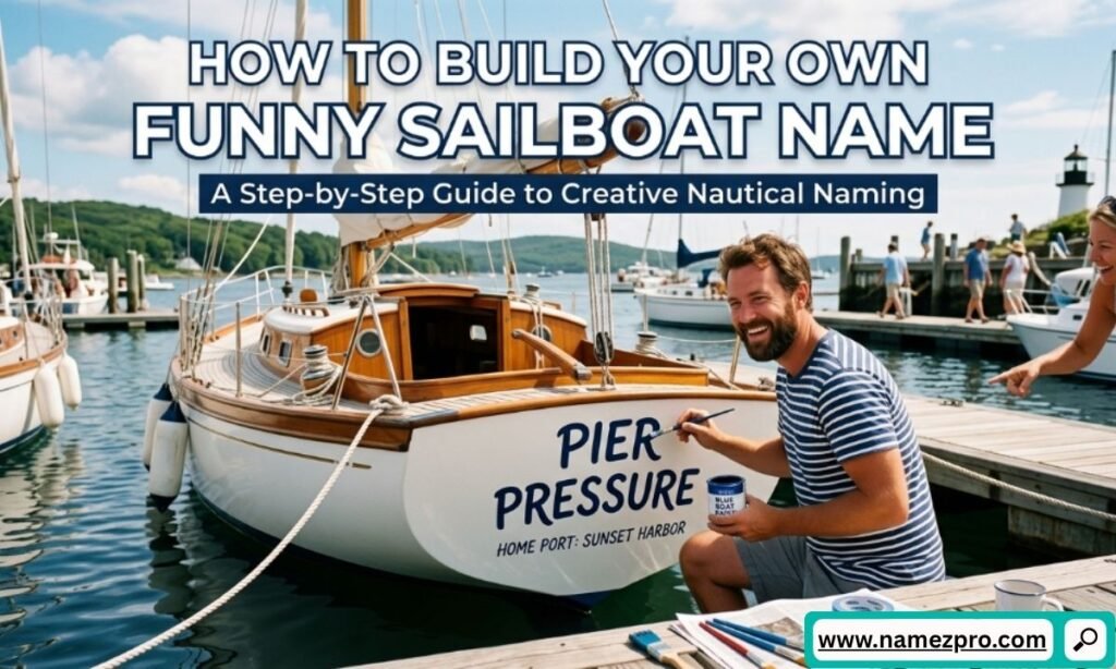 A smiling man painting the funny name "PIER PRESSURE" on the stern of a white sailboat docked at a marina.