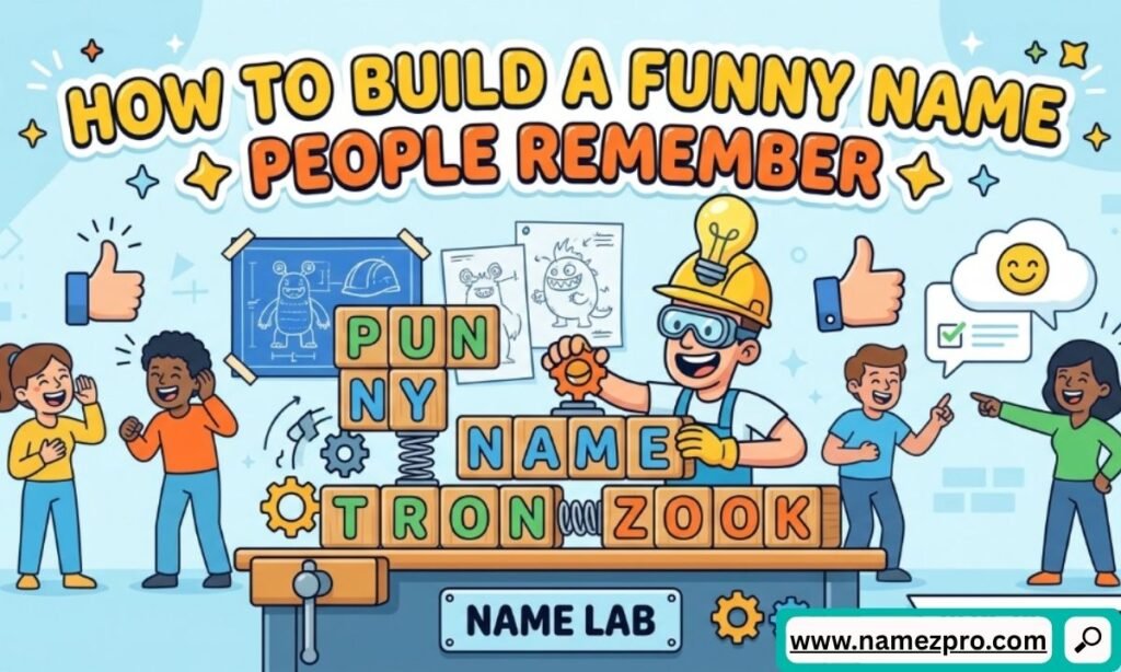 Cartoon inventor building word block configurations on a workbench under a How to Build a Funny Name banner.
