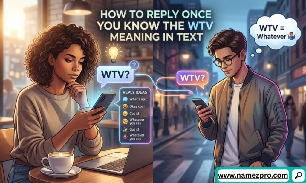 Split image showing a woman in a cafe and a man on a city street texting with WTV chat bubbles and reply ideas.