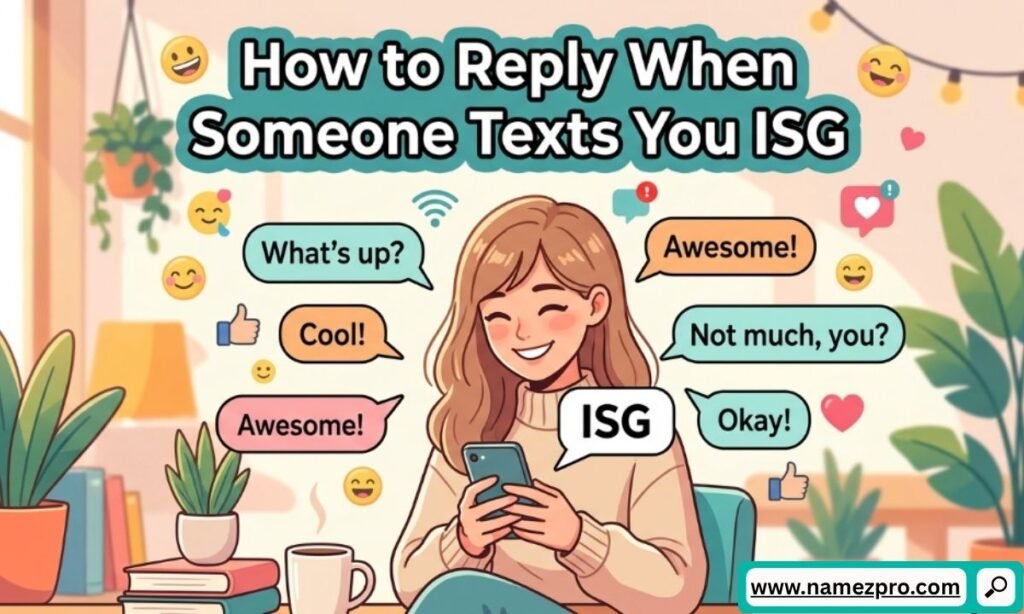 Smiling cartoon woman holding a phone surrounded by chat bubbles with reply ideas for when someone texts ISG.