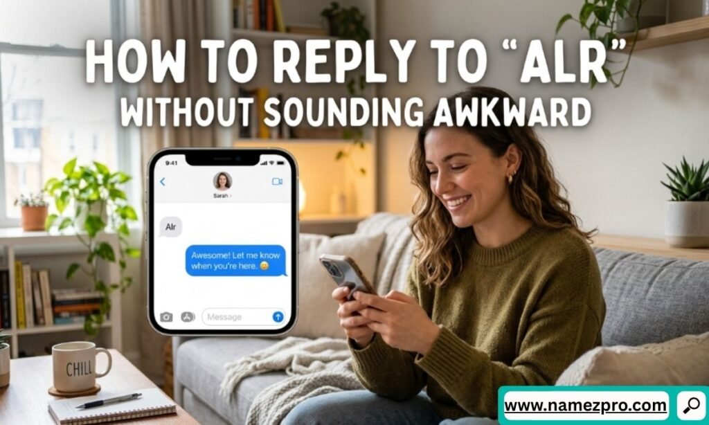 Smiling woman on a living room couch using a smartphone next to a mockup chat conversation detailing an ALR response.