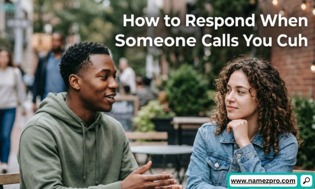 A man talking to a woman at an outdoor cafe table with a text overlay about how to respond when someone calls you Cuh.