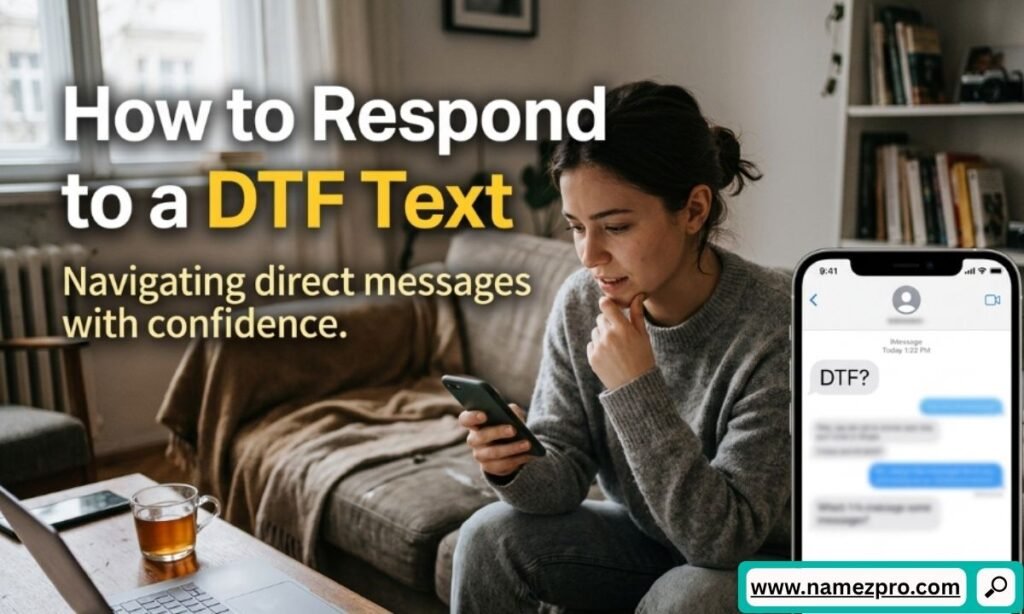A woman sitting on a sofa looking thoughtfully at her smartphone next to a large mockup of an iPhone screen showing a text message that reads DTF?, with a text overlay about how to respond to a DTF text.