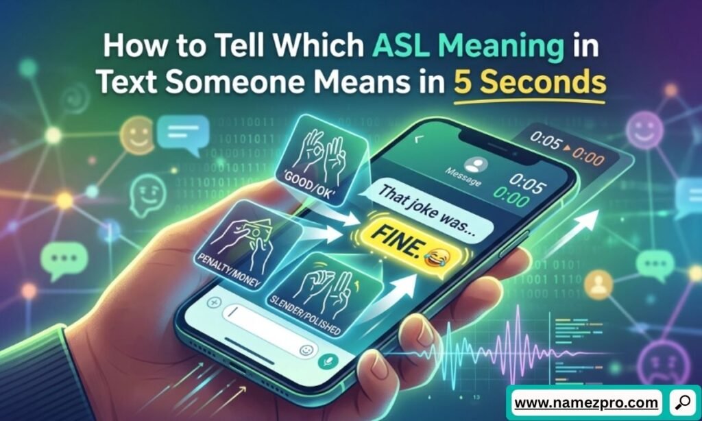 A hand holding a smartphone showing sign language graphics and text bubbles to quickly identify the ASL meaning in text.