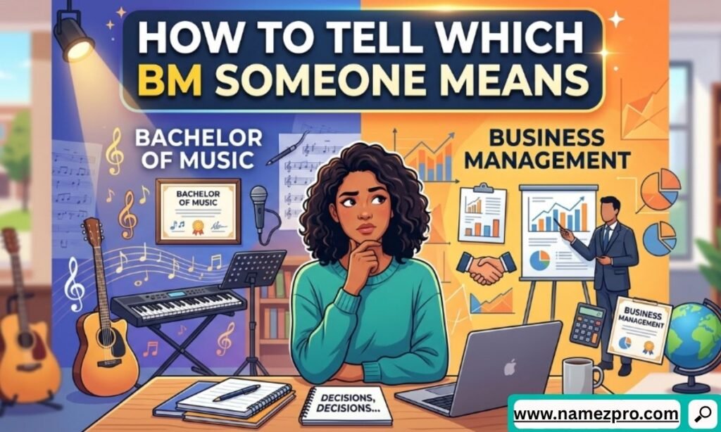 Split cartoon showing a thoughtful woman at a desk deciding between Bachelor of Music and Business Management degrees.