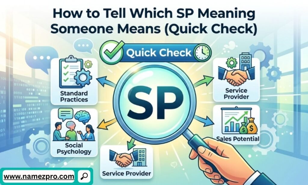 A hand holding a magnifying glass over the acronym SP surrounded by boxes explaining professional and academic definitions.