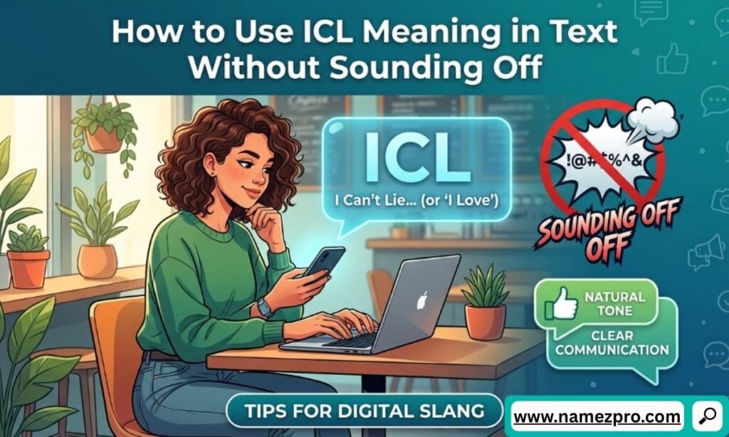 Cartoon woman at a cafe laptop texting with a glowing bubble explaining how to use the text slang acronym ICL.