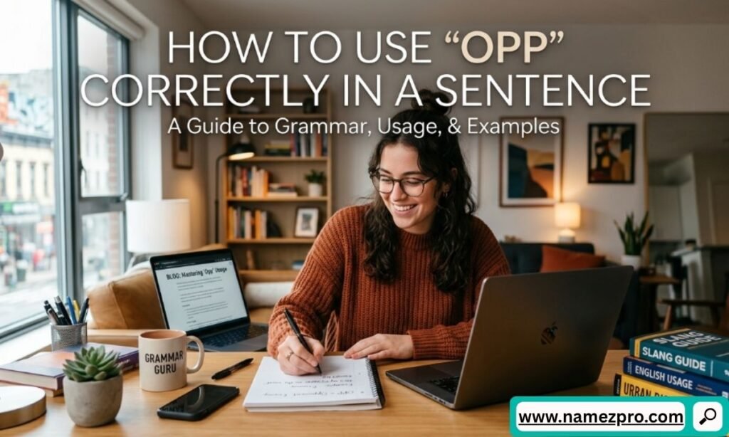 A woman smiling at a laptop, writing notes for a guide on how to use opp correctly in a sentence.