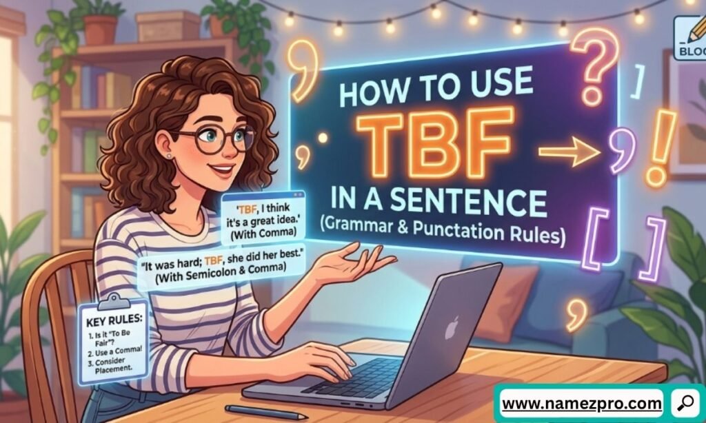 An animated woman at a laptop presenting grammar and punctuation rules for how to use TBF in a sentence.