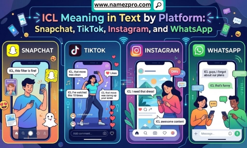 Infographic showing cartoon people texting with chat bubbles under an ICL Meaning in Text by Platform title banner.