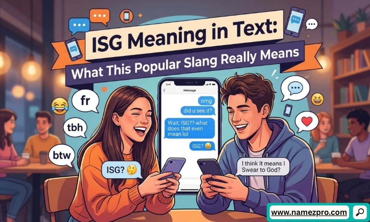 Smiling man and woman in a cafe looking at phones next to a chat mockup asking about the meaning of ISG.