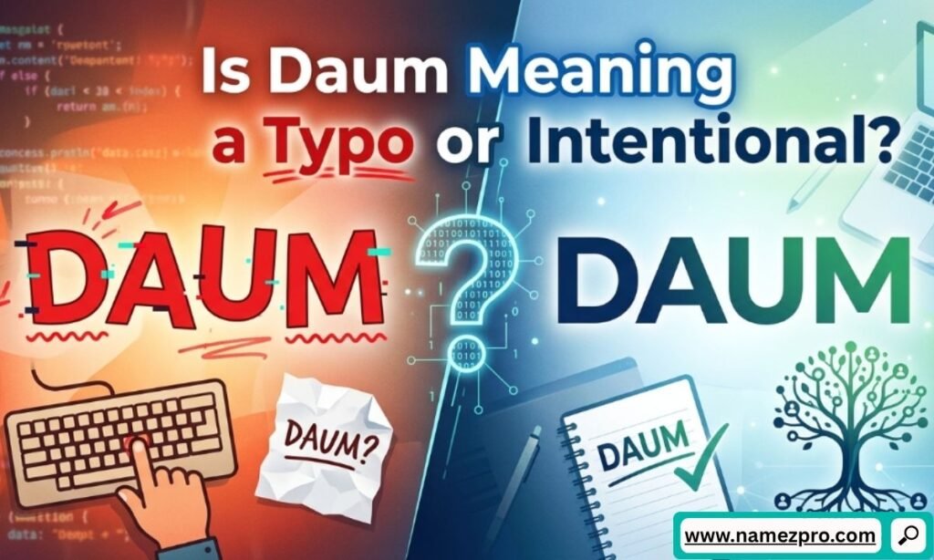 An infographic split in two sides comparing a typed mistake on a keyboard with a red background to a correct note on a pad with a green background, asking if Daum is a typo or intentional.
