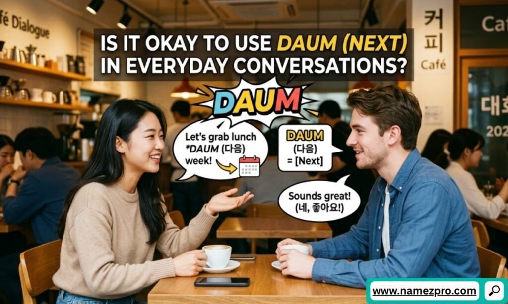 A woman and a man talking at a cafe table with text bubbles explaining how to use Daum, meaning next, in everyday conversations.