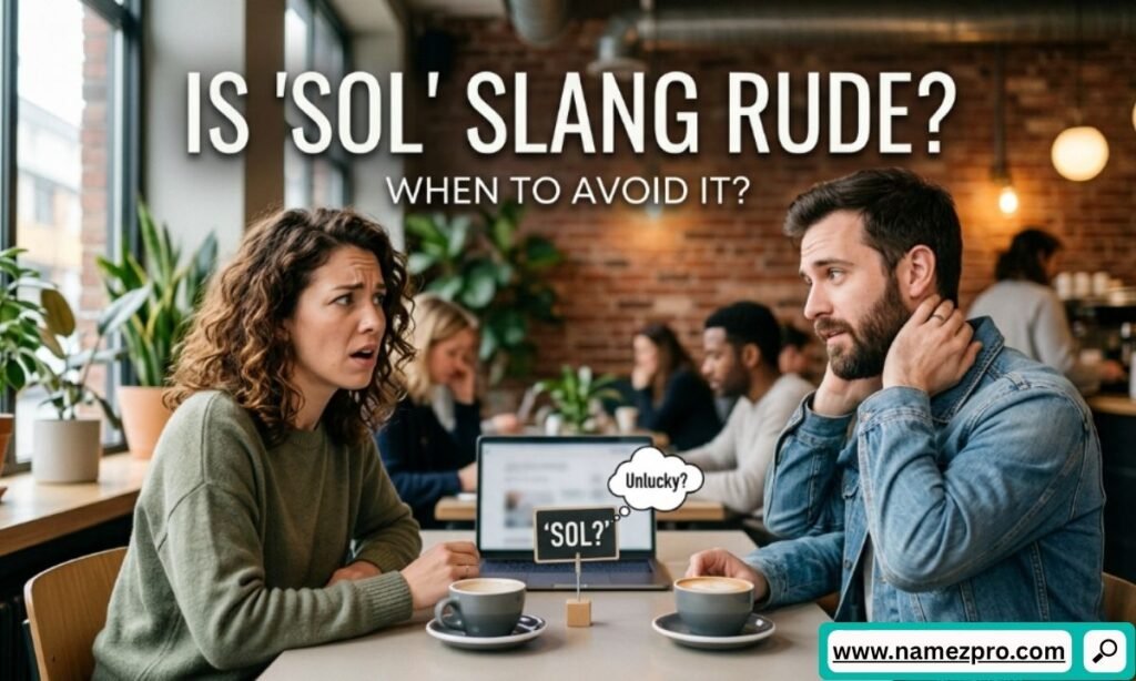 An offended woman looking at a man in a cafe, with a laptop showing text overlays questioning if SOL slang is rude.